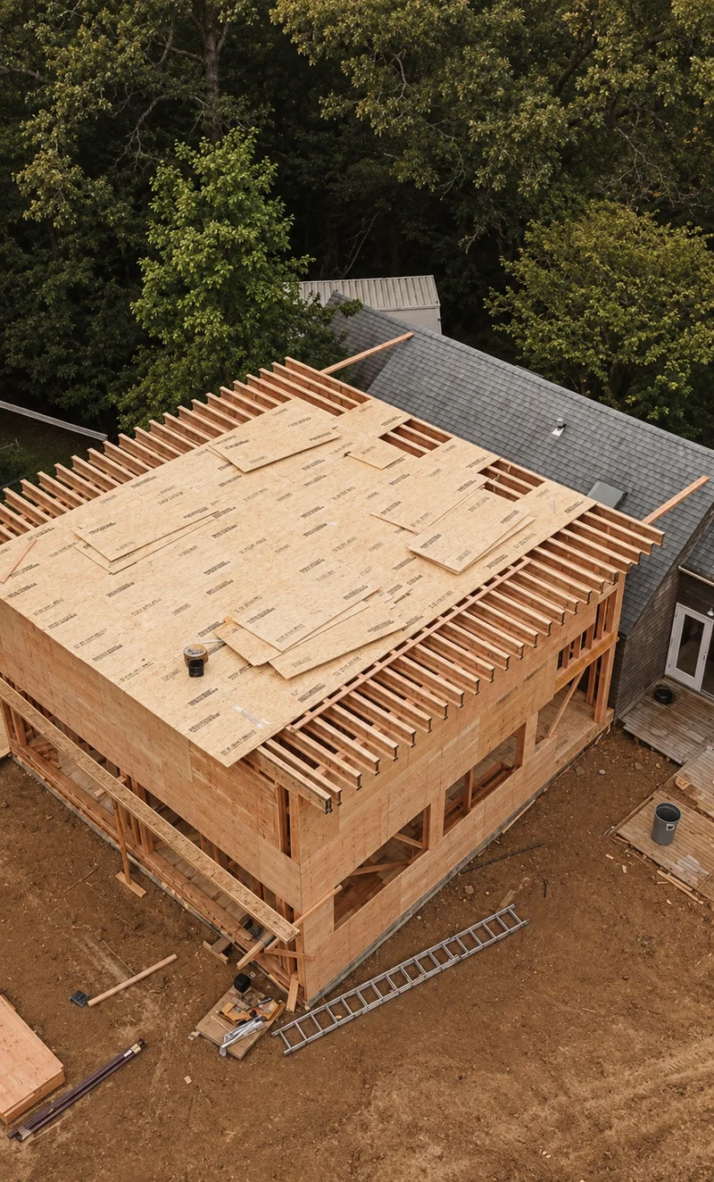 A timber-framed house under construction seen from above: bare stud walls and floor joists, sheets of board laid loose across the flat roof deck, an aluminium ladder and offcuts on the dirt below, and the shingled roof of the existing house adjoining it against summer trees.