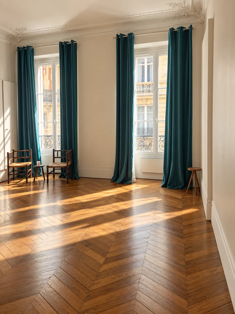 An empty Parisian room with chevron parquet in full sun, tall casement windows onto wrought-iron balconies and a stone building across the street, deep teal velvet curtains at each, an ornate plaster cornice above, and a pair of dark bobbin-turned rush-seat chairs with a small round table and a candle in the corner.