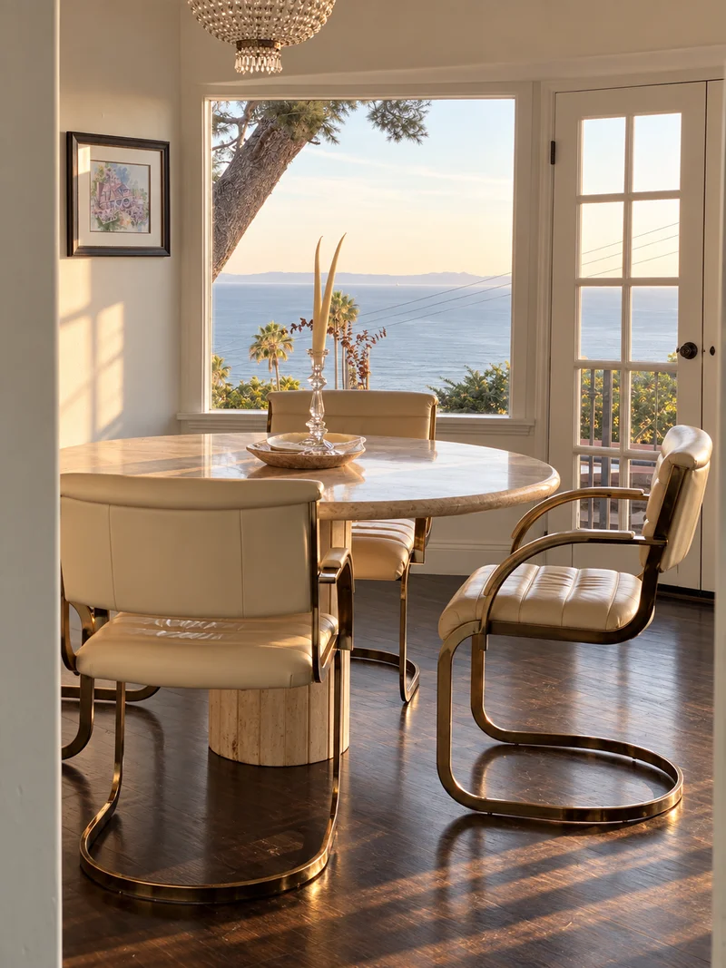 A round travertine dining table with cream leather and brass cantilever chairs drawn up to it, a beaded chandelier above, and a picture window onto the ocean at low sun with a glazed door to the balcony beside it.