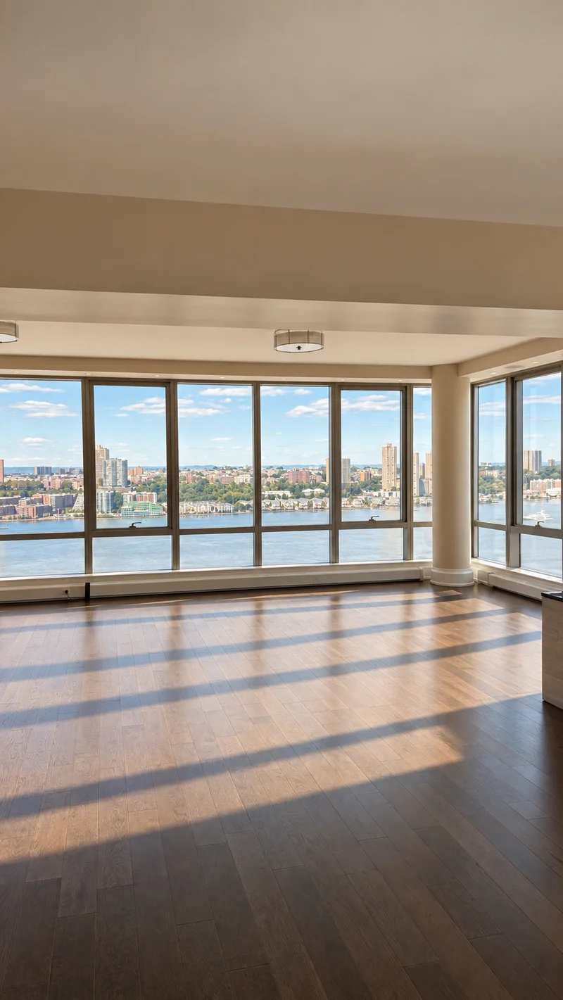 An empty corner living room with a dark stained wood floor, a wall of floor-to-ceiling windows turning the corner past a round column, and a broad river below with the low skyline of the far bank under a bright sky.