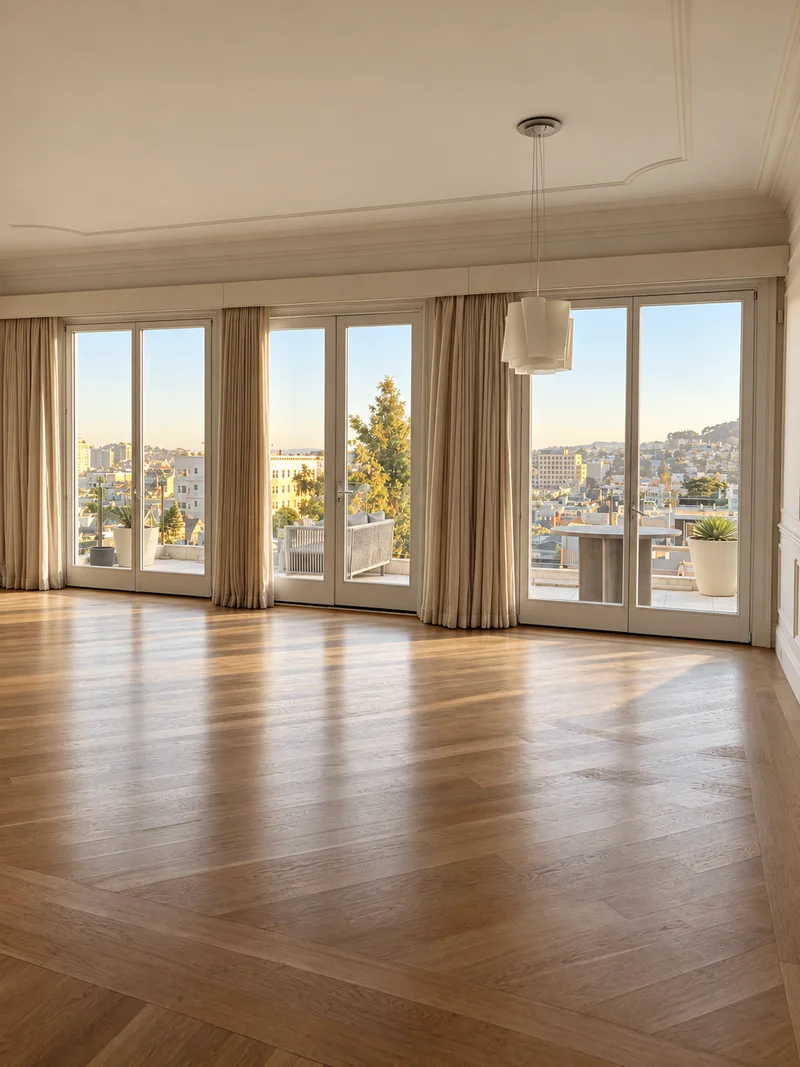 An empty room in low golden light: pale oak boards with a plank border, tall glazed doors under a moulded cornice with full-length linen curtains, a faceted white pendant, and a terrace beyond holding a woven sofa, a round stone table and planted urns above a hillside of pale houses.
